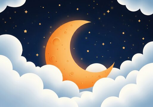 Orange crescent moon surrounded by fluffy white clouds in a dark blue starry night sky