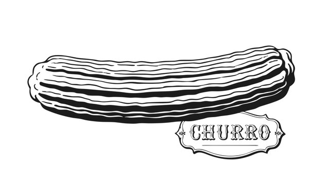 Very beautiful black-and-white engraved vector illustration featuring CHURRO with detailed ridged pastry texture and a decorative dessert label reading "CHURRO", isolated on white background in classi