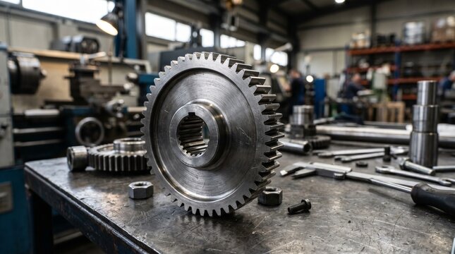Industrial gear on workbench with tools.