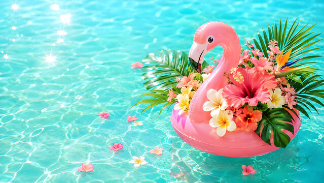 Pink Flamingo Pool Float with Tropical Flowers in Turquoise Water &ndash; Summer Vacation and Resort Background