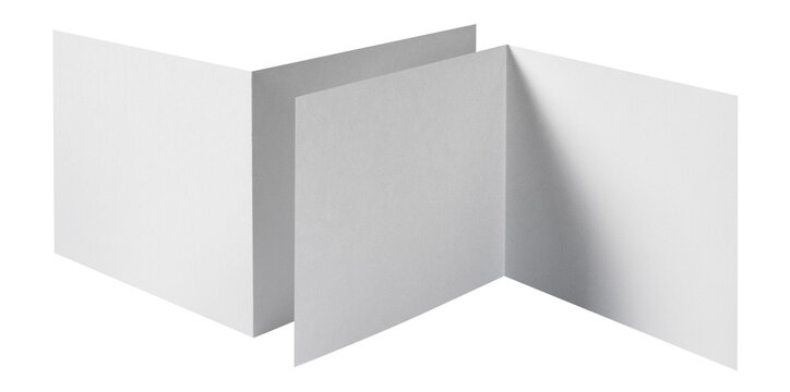 White folding paper leaflets with empty copy space, isolated on cutout transparent background