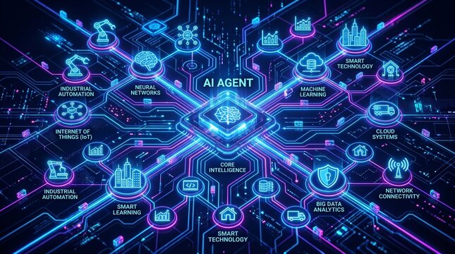 Digital AI network visualization with futuristic glowing nodes and data flow connections in cyber space