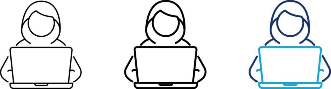 Hacker icon set showing professional hooded programmer character operating laptop computer for cyber security network administration coding anonymous data processing and tech development