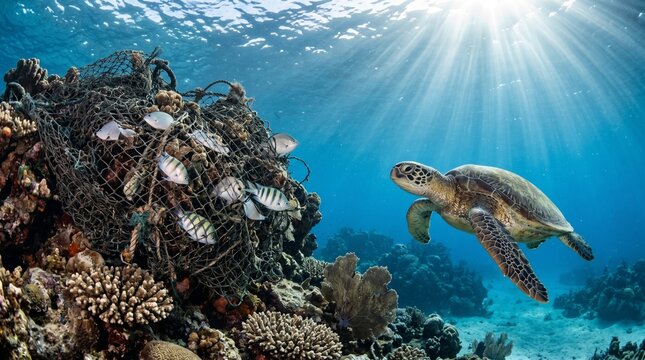 A solitary green sea turtle swims gracefully through the clear blue ocean past a discarded fishing net entangled with small tropical fish near a vibrant coral reef