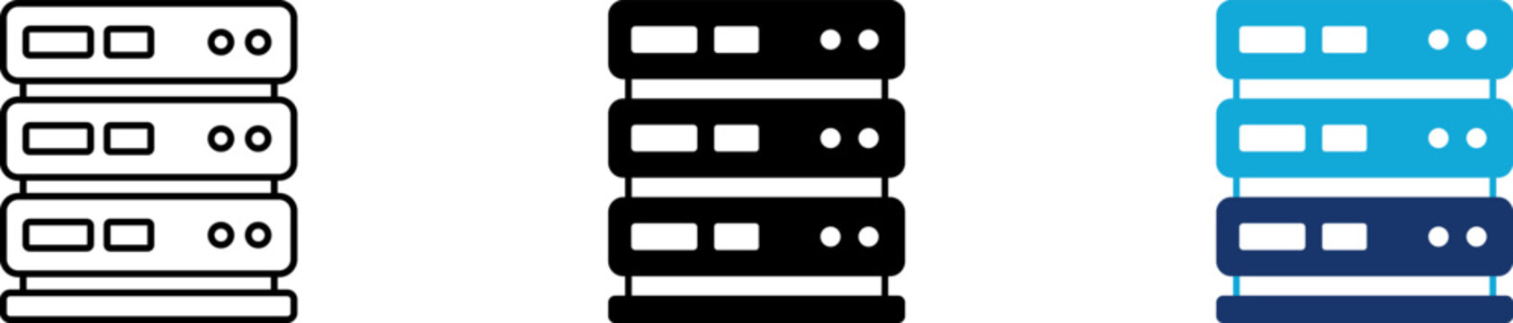 Server icon set showing professional database storage rack with hardware mainframe modules for cloud network hosting data center memory backup and computing systems