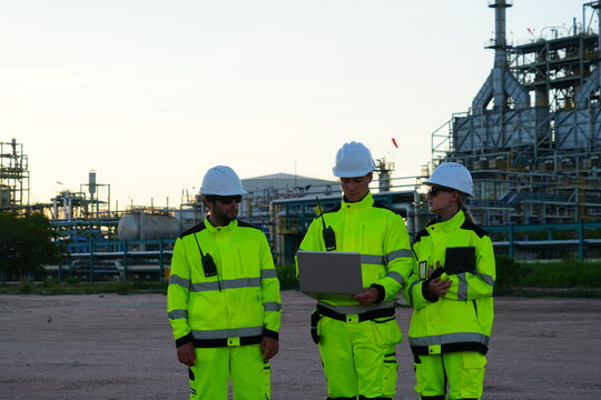 The team of consultants consists of male engineers, male foremen, and female engineers, wearing jackets and safety helmets, and working as inspectors and consultants, performing part-time maintenance 