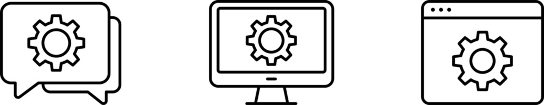 Configuration icon set showing professional mechanical gear wheel on computer monitor display web browser page and message chat bubble for system integration settings optimization and setup