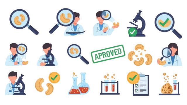 Cashew Quality Inspection Vector Icon Sheet with Magnifying Glasses, Lab Coats and Approved Checkmark Stamps Isolated on White Background
