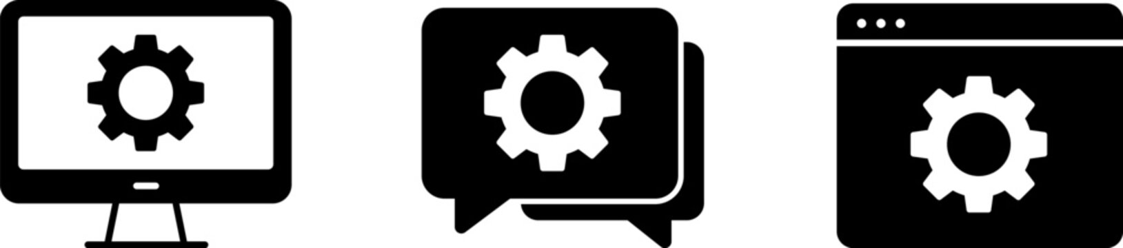 Configuration icon set showing professional mechanical gear wheel on computer desktop monitor screen conversation talk chat bubble and web browser page window for system integration settings