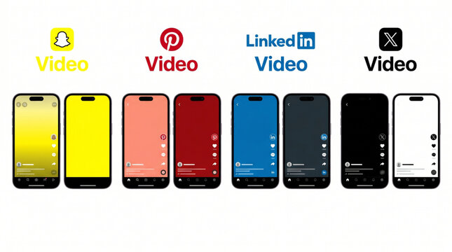 Video Player UI Mockups for Snapchat Pinterest LinkedIn and X Social Media. Smartphone Mobile App Interface Design Layouts with Player Controls Icons and Brand Logos Template. Digital Mockup Set