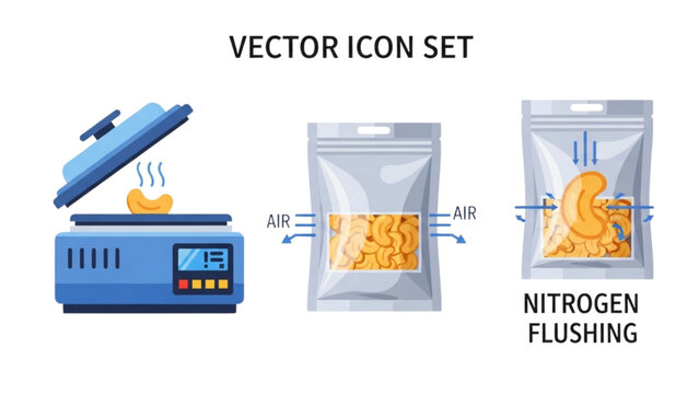Cashew Vacuum Packaging Vector Icon Sheet with Metallic Foil Bags, Nitrogen Flushing Symbols and Processing Machinery on White Background