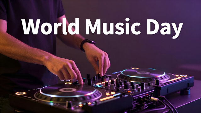 Professional club DJ hands tweaking knobs and mixing tracks on controller turntable with neon glow background