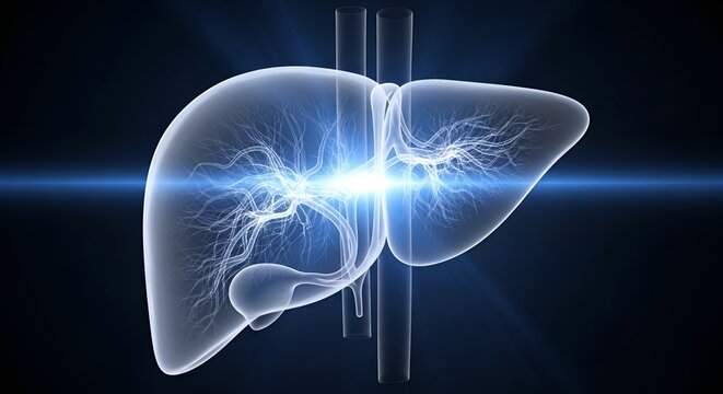 Futuristic digital visualization of a human liver highlighting hepatic structure and internal pathways in a sleek