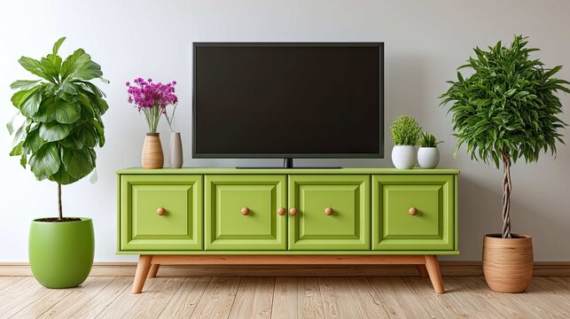 Modern Living Room with Stylish Green TV Stand, Decorative Plants, and Minimalist Decor for a Cozy Home Atmosphere