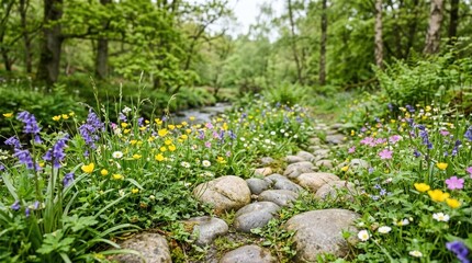 Fototapeta premium Wildflower meadow with stone path near small river in lush green spring forest. Blooming bluebell and yellow buttercup flowers in nature. Tranquil woodland landscape for travel concept.