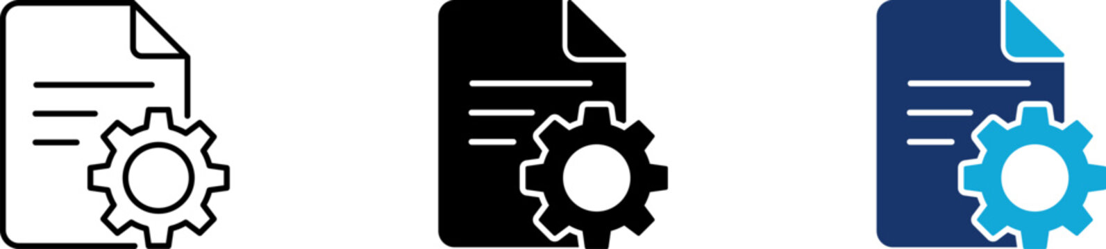 Configuration icon set showing professional mechanical gear cog wheel over folded corner paper document sheet for automated digital content file processing and system setup management