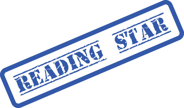 A rectangular blue stamp with the words READING STAR prominently displayed across a white background