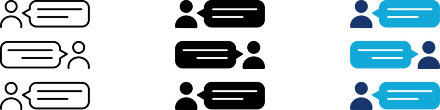 Chat icon set showing professional user avatar with speech bubble message text rows for online conversation forum customer communication support helpdesk and interactive live messaging