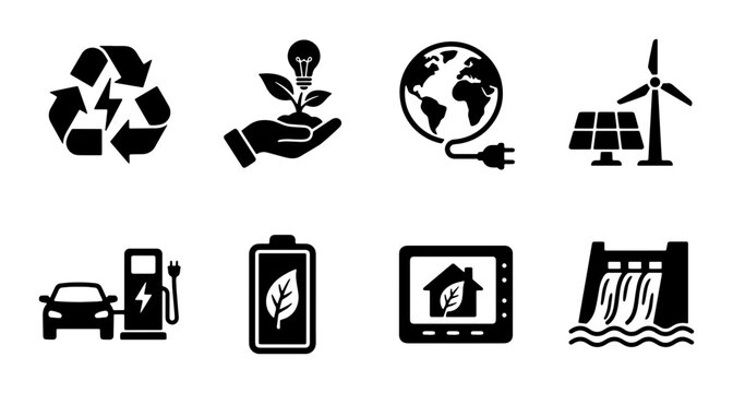 Eco-friendly energy icons: recycling, plant growth, global power, wind turbine, solar panel, electric car charging, battery, smart home, dam
