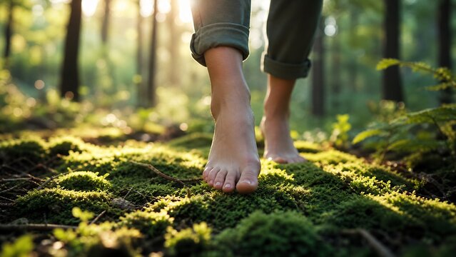 Mindful Barefoot Walk on Forest Moss in Golden Sunlight