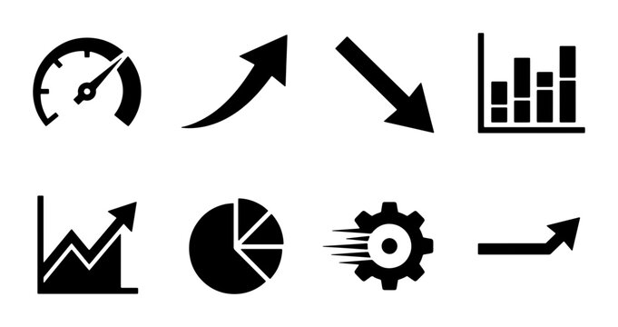 Business Growth Icons: Speedometer, Upward Arrows, Bar Charts, Pie Chart, Gear, Data Analytics Vector Set