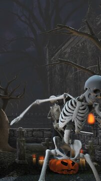 Seamless vertical video of skeletons dancing salsa in a cemetery at night. Funny halloween background.