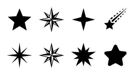 Obraz premium Diverse Star Icons Collection, Celestial Navigation Symbols, Cosmic Sparkle Elements, Black Silhouette Graphics for Design