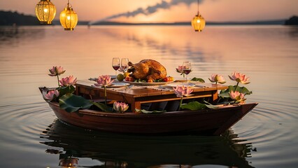 Obraz premium Golden Buddha statues on traditional Thai boat at sunset.