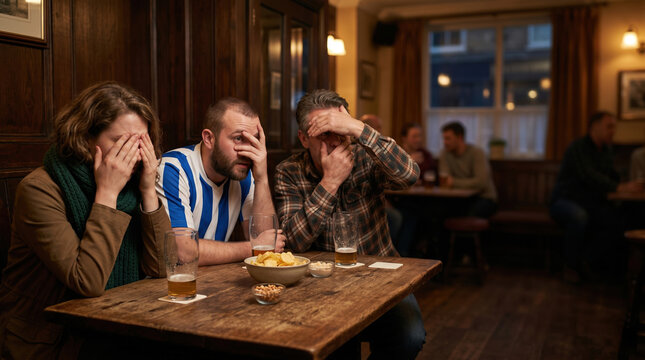 Sports fans reacting anxiously at pub table during game