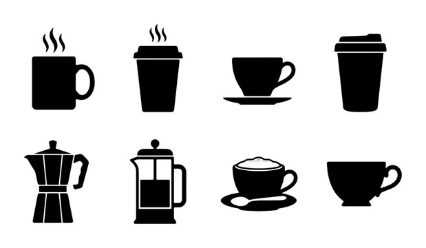 Coffee Icons Set, Hot Beverage Cups and Brewers Collection, Black Silhouette Vector Graphics for Cafes and Breakfast