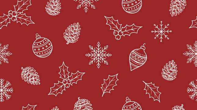 Hand drawn white line art illustrations featuring festive pinecones snowflakes holly berries and christmas ornaments on a deep red background
