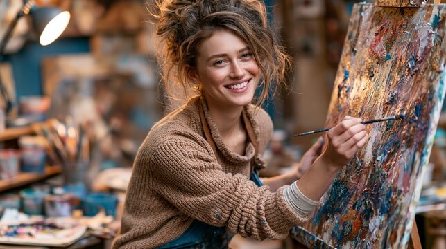 A smiling artist paints on a textured canvas with a warm, cluttered studio background, highlighting creativity and artistic expression.