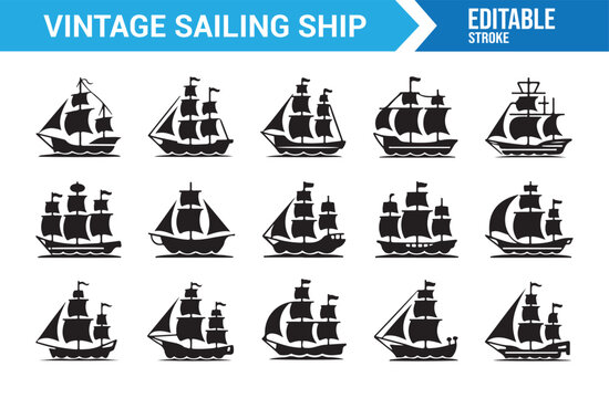 Editable Sailing Ship Collection Featuring Classic Sea Navigation Vector Icons
