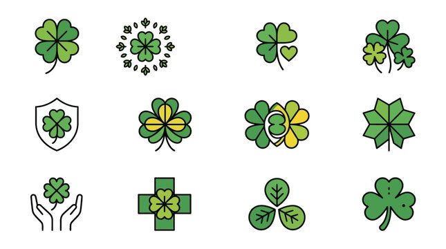 Clover Icon Set: Lucky Four Leaf and Three Leaf Symbols