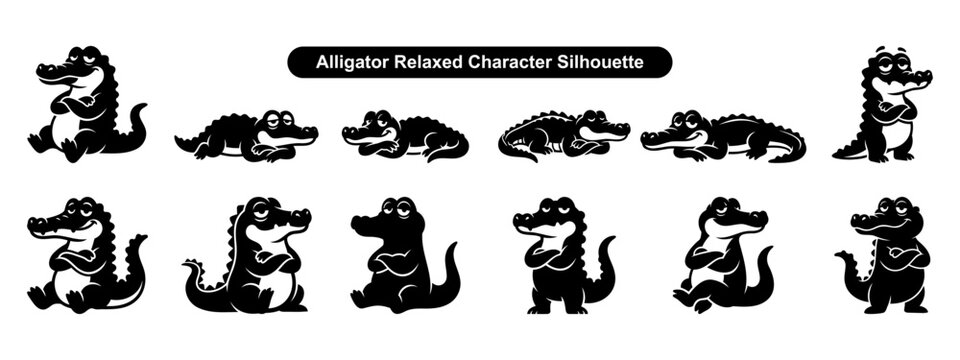 Alligator relaxed character silhouette collection featuring various poses of cartoon crocodiles isolated on white background flat vector artwork
