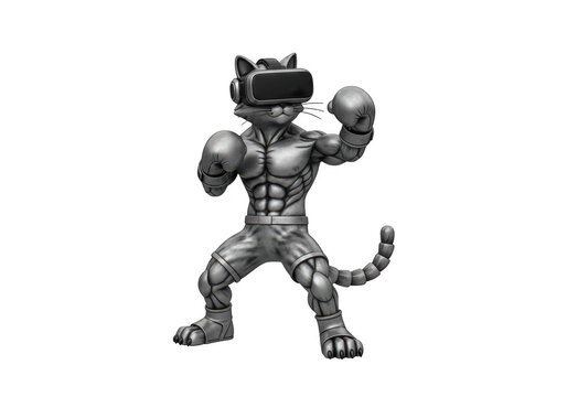 Black cat character standing with boxing gloves in action pose isolated on transparent background