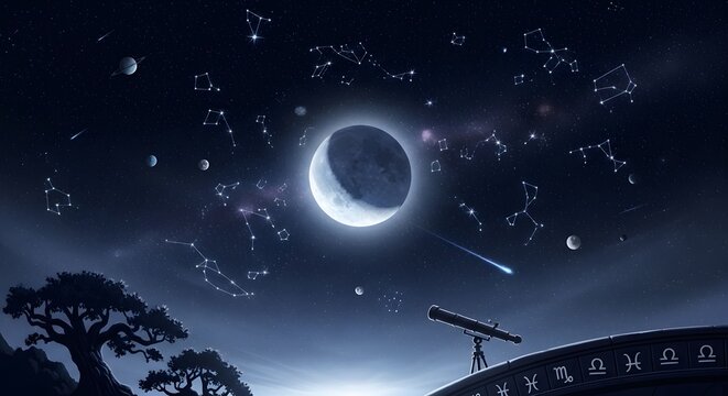 Crescent moon and stars constellation map in deep night sky seen through telescope lens frame