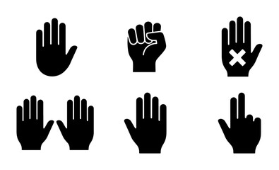Obraz premium Set of 6 Black Hand Gestures Icons, Vector Symbols for Stop, Fist, No, Counting, Open Palm, Pointing, Communication and Warning