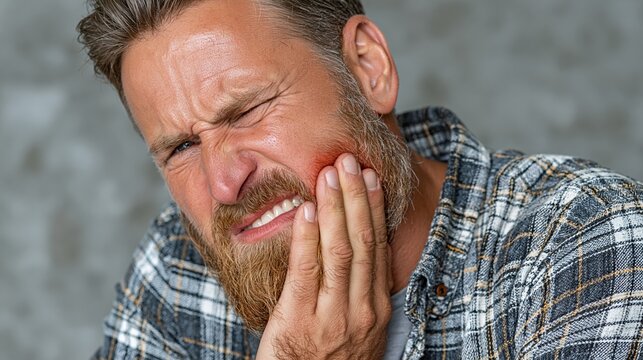 A bearded man grimaces in severe pain while clutching his swollen jaw against a neutral background, illustrating dental health issues.