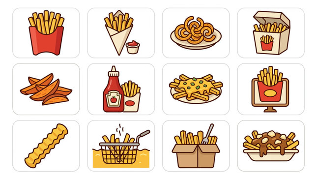 French Fries Icon Set: Delicious Potato Fast Food Illustrations