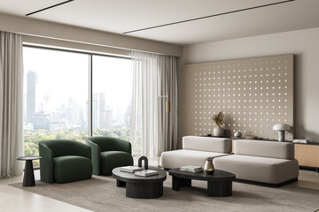 Naklejka premium Modern interior living room with minimalist furniture, panoramic city view, soft neutral tones, elegant decor accents and contemporary styling throughout the space. 3D Rendering