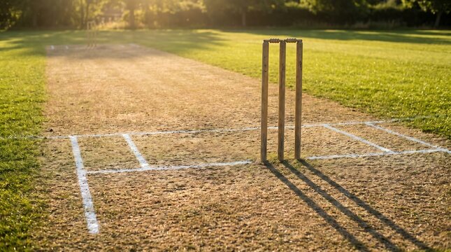 Cricket pitch with wickets on a sunny day