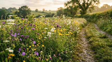 Obraz premium Wildflower meadow with a narrow dirt path at sunrise. Vibrant spring blossoms in a countryside field. Peaceful nature landscape for travel and tourism promotion or environment concept.