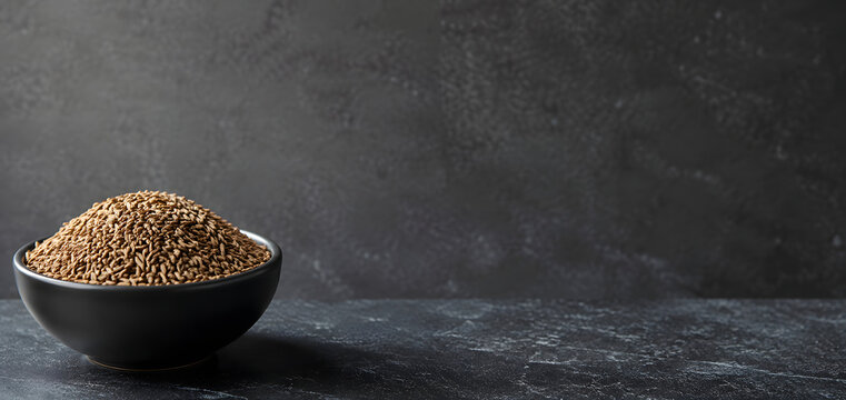 Cumin seeds in a black bowl on dark background banner with copy space