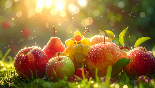 Fresh Harvested Orchard Fruits with Water Drops in Golden Sunlight