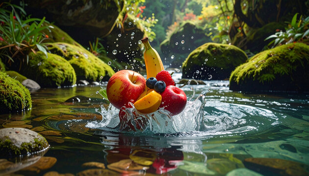 Fresh Fruits Splashing into Clear Forest River Water