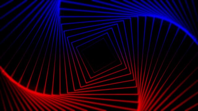 Geometric squares twist to form a blue and red tunnel loop.