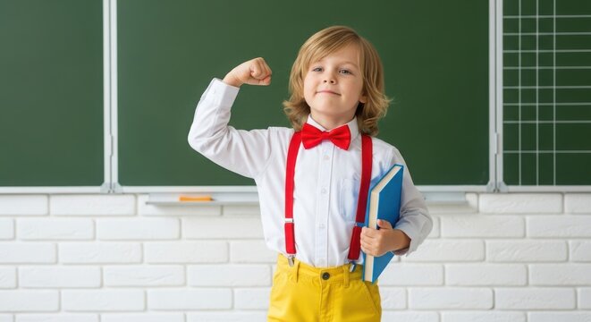 Young boy in white shirt, red bowtie, and yellow trousers flexing arm in front of chalkboard