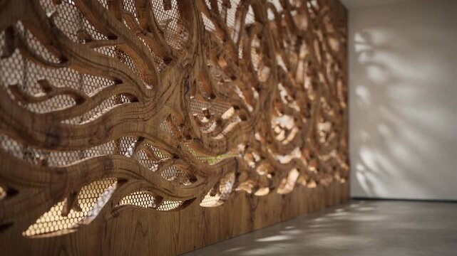 Closeup medium shot of ornate organic wood screens with flowing patterns creating a natural ambiance and subtle light filtering indoors.