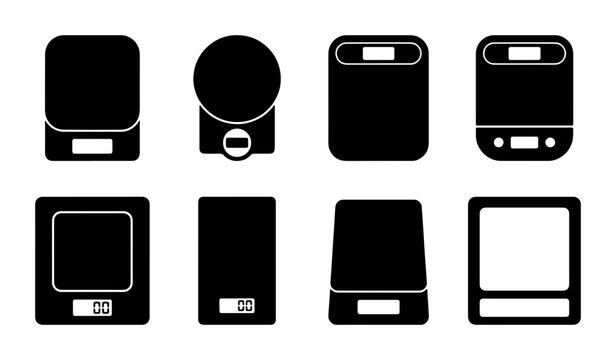 Digital Kitchen Scales Vector Icons Set, Precision Weighing Instruments Collection, Food Measurement Gadgets, Cooking Tools Graphics